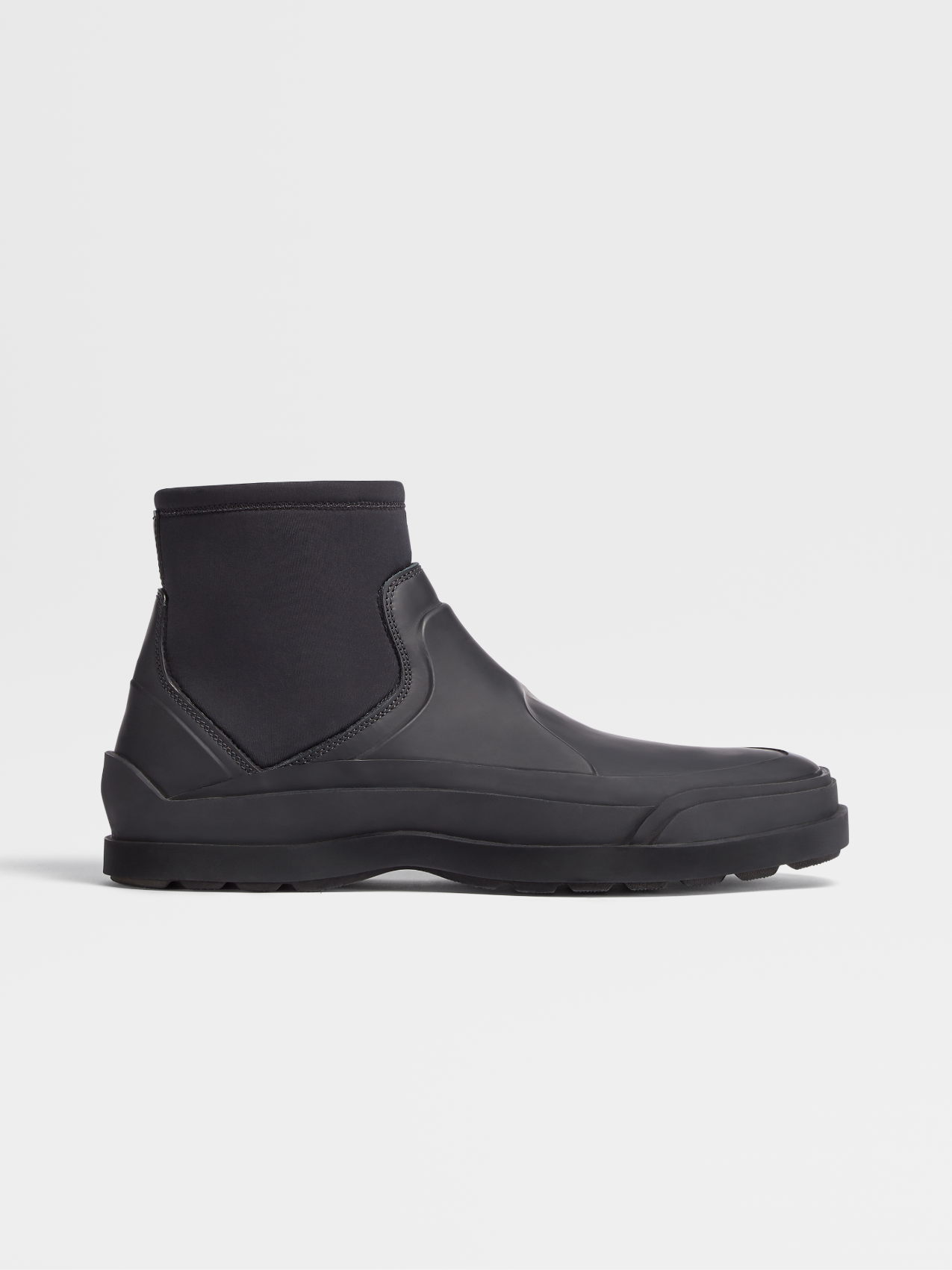 Black Leather and Neoprene Fashion Show High-Top Boots